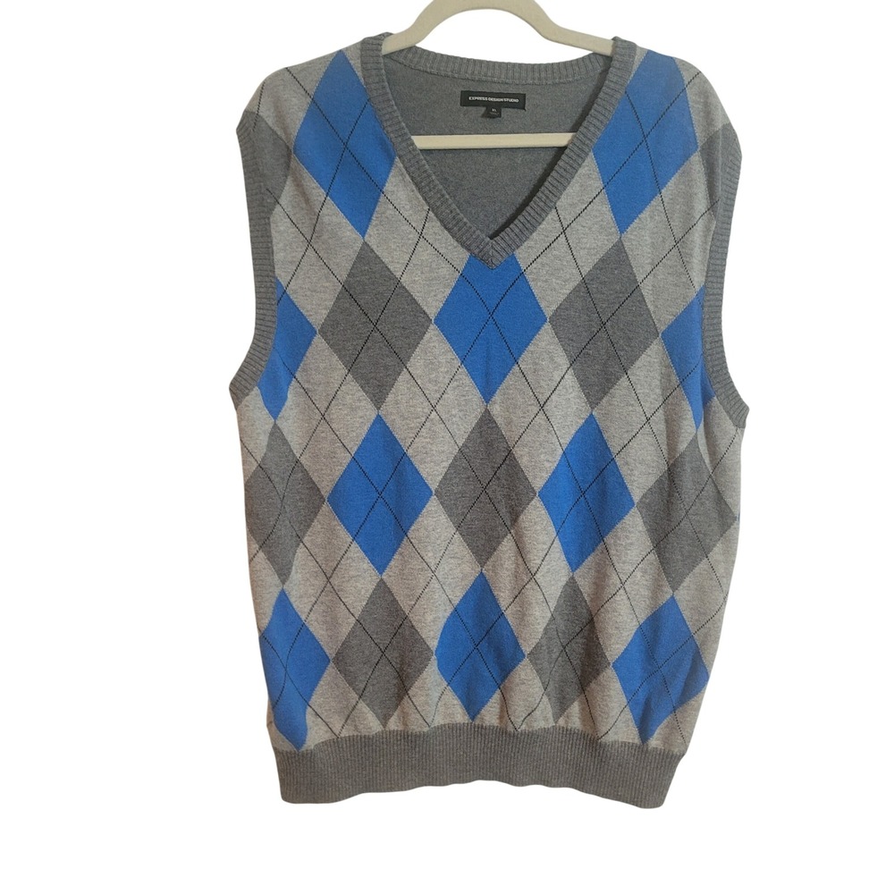 Express Men XL Argyle Sweater Vest Grey Blue Cotton Wool Blend Preppy Collegiate